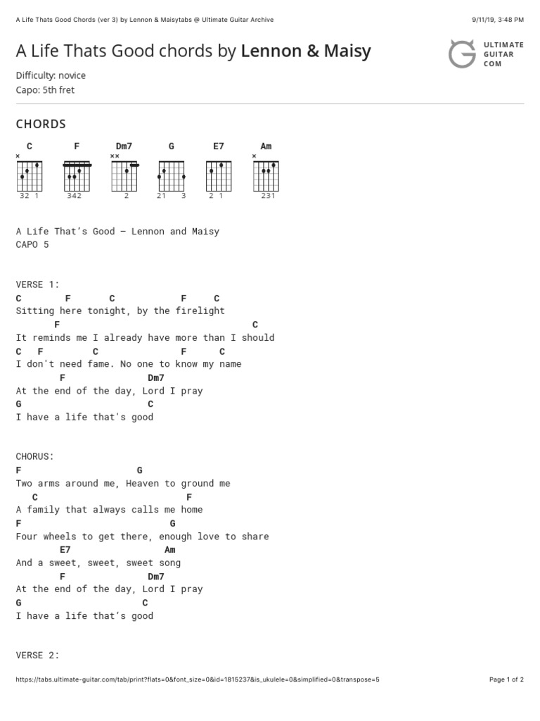 A Life Thats Good Chords Ver 3 By Lennon Maisytabs At Ultimate