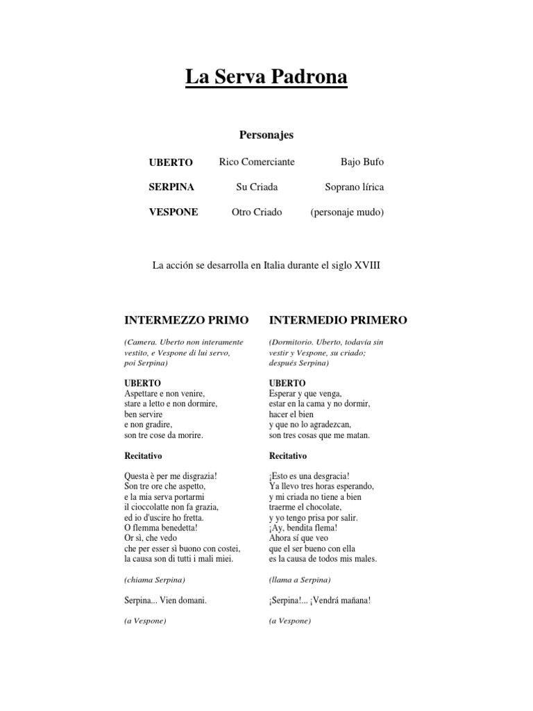 La Serva Padrona Libreto PDF Ópera Música vocal