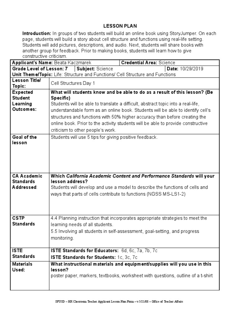 Cell Structures Lesson Plan by Kaczmarek | PDF | Educational Assessment ...