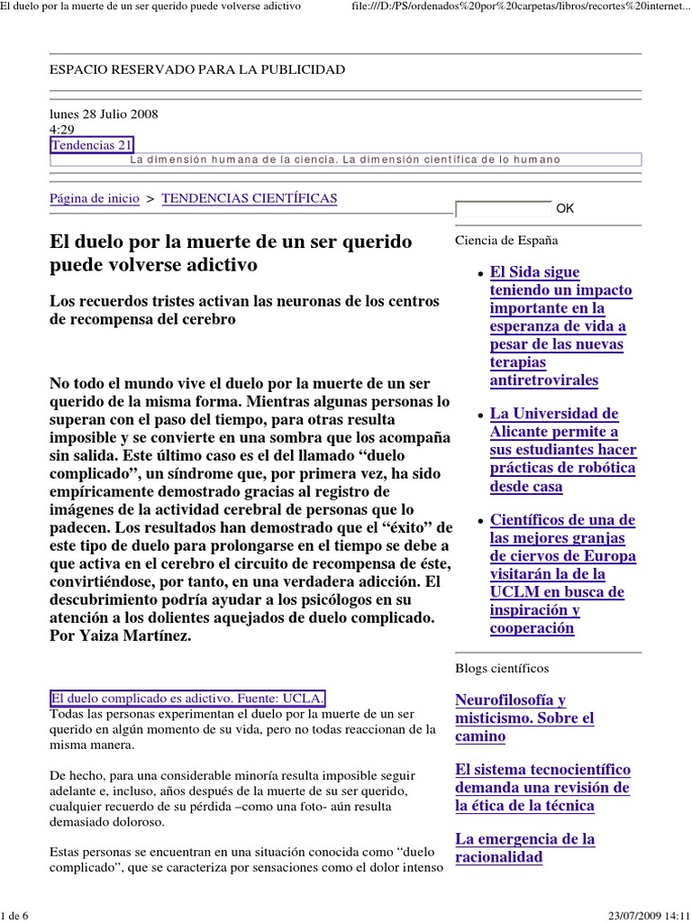 El Duelo Por La Muerte de Un Ser Querido Puede Volverse Adictivo | PDF ...