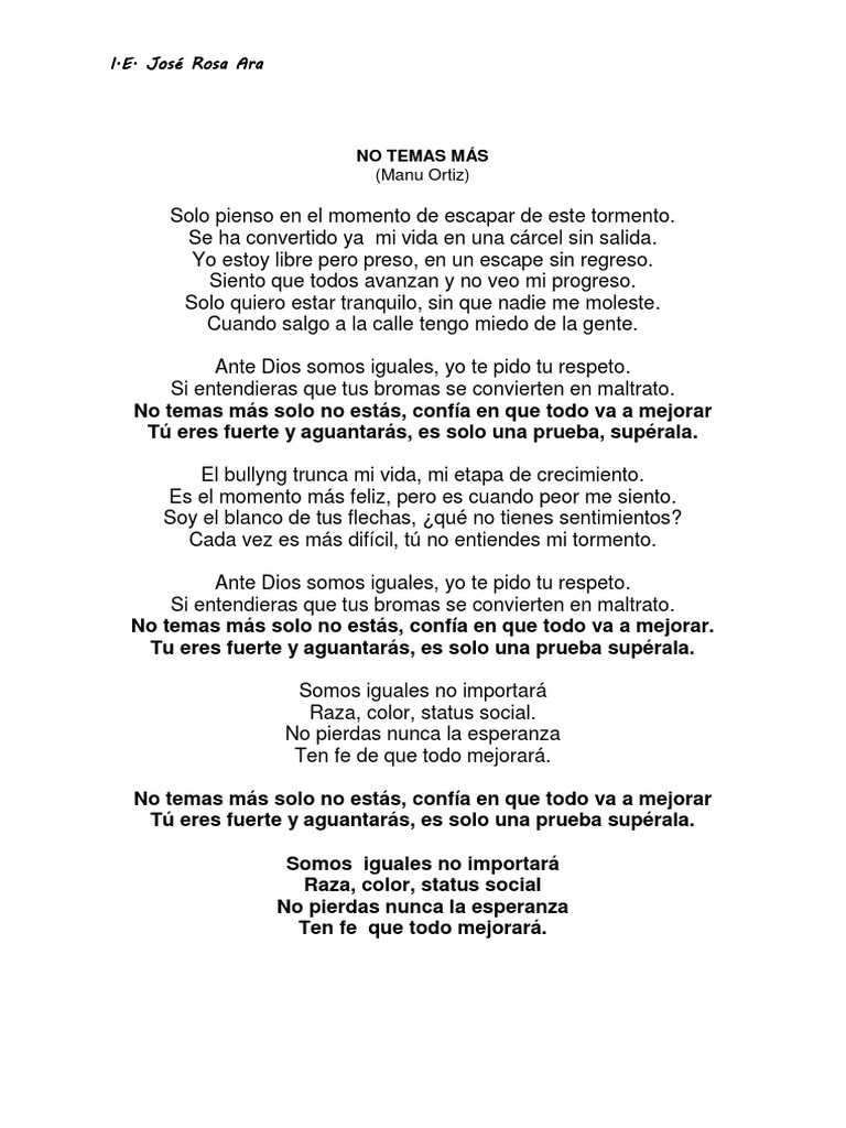 Letra de Cancion No Temas Más