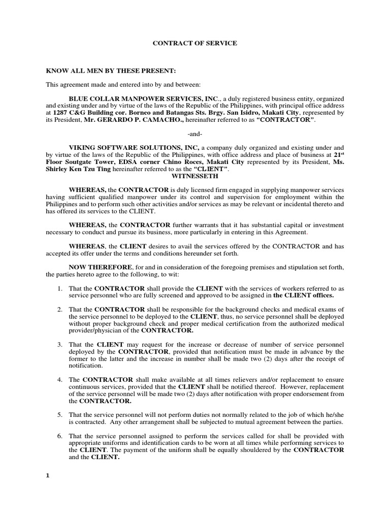 Blue Collar Service Agreement PDF Independent Contractor Employment