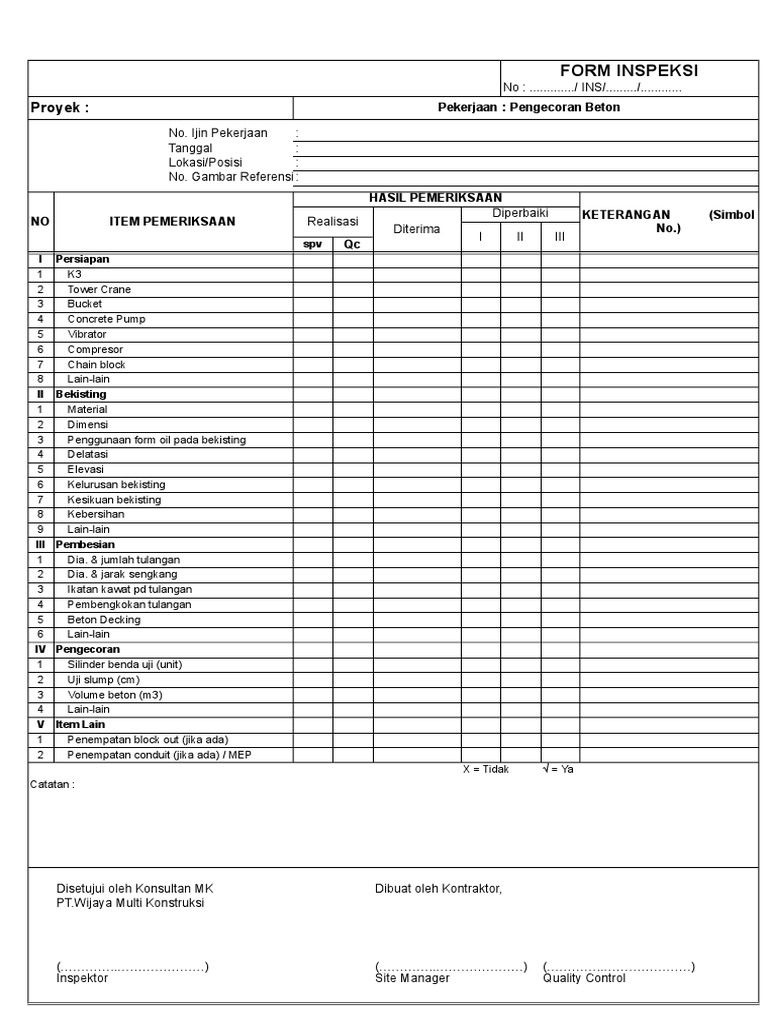 Form Inspeksi Kualitas Proyek Konstruksi | PDF