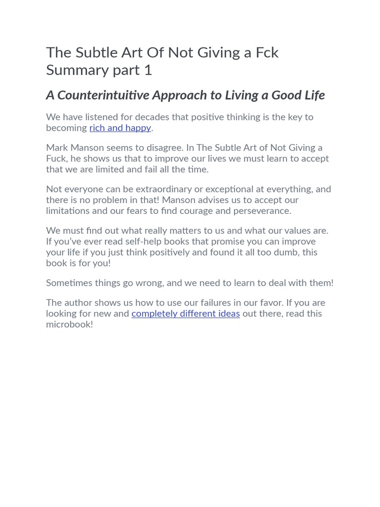 The Subtle Art Of Not Giving A Fck Summary Part 1 Pdf