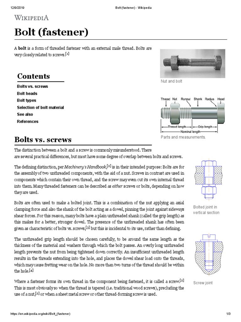 Bolt (Fastener) Wikipedia PDF Screw Building Materials