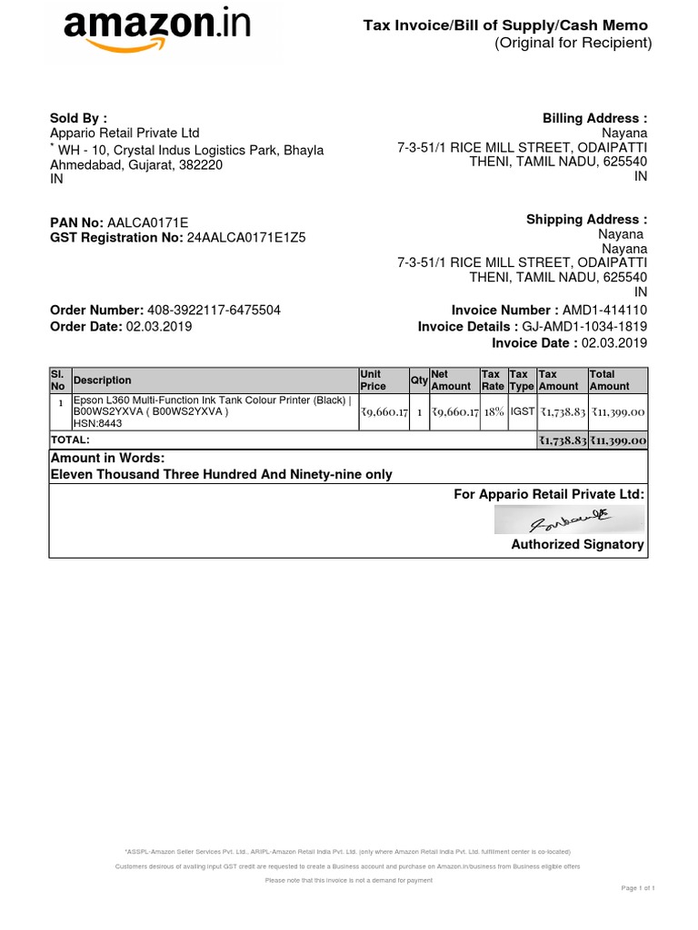 Epson Printer Warranty PDF Invoice Government Finances