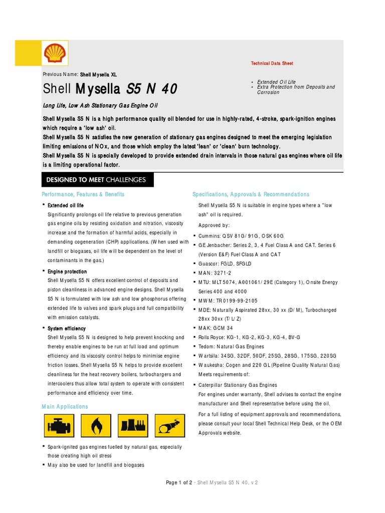 Shell Mysella S5 N 40 Technical Data Sheet | PDF | Motor Oil | Cogeneration