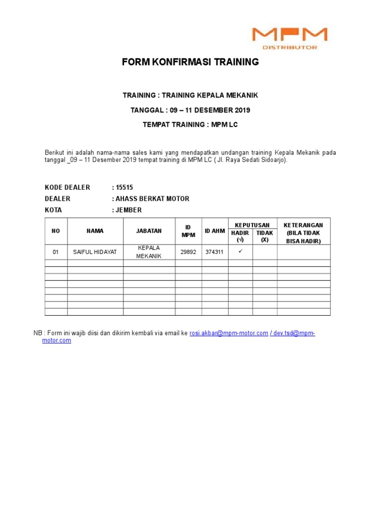Form Konfirmasi Training 2019 | PDF