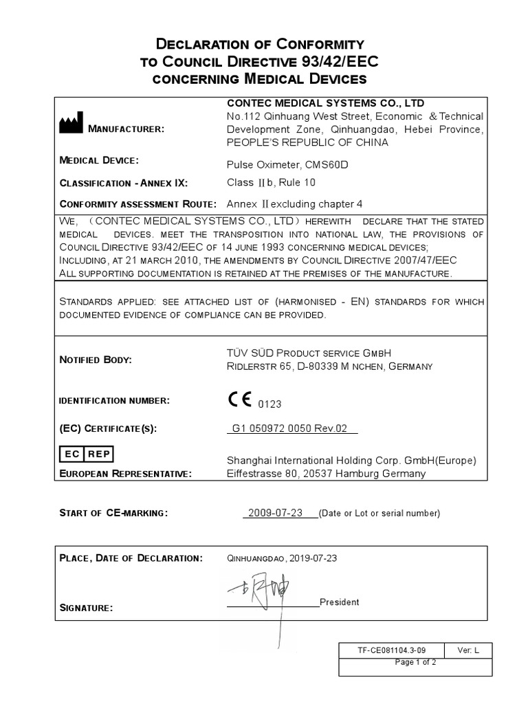 Medical Device Declaration of Conformity | PDF | Medical Device ...