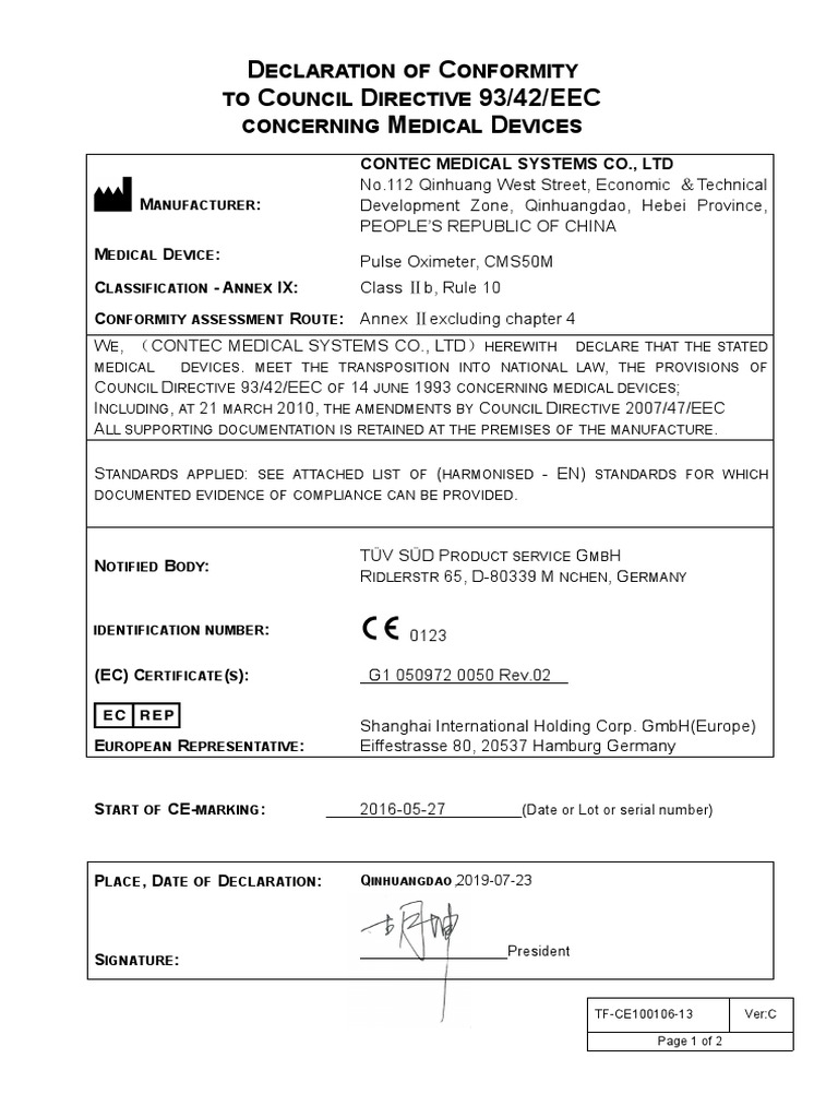 CMS50M, Declaration of Conformity (CMS50M) PDF | PDF | Medical Device ...