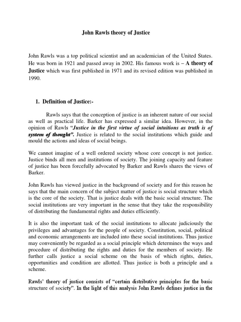 John Rawls Theory Of Justice Docx Social Justice John Rawls
