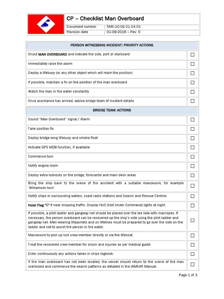 Checklist Man Overboard PDF Water Transport Ships