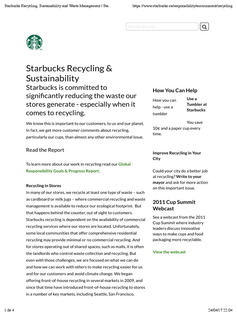 Starbucks Recycling, Sustainability and Waste Management Starbucks Coffee Company PDF PDF