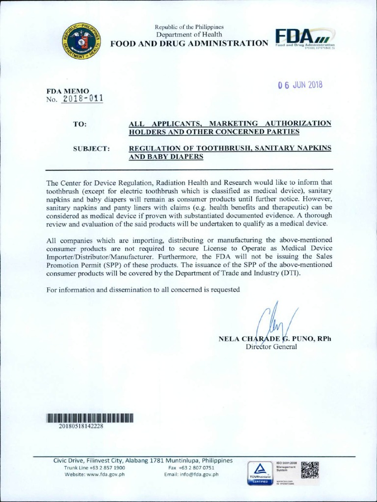 Fda Memo No.2018-011 | PDF
