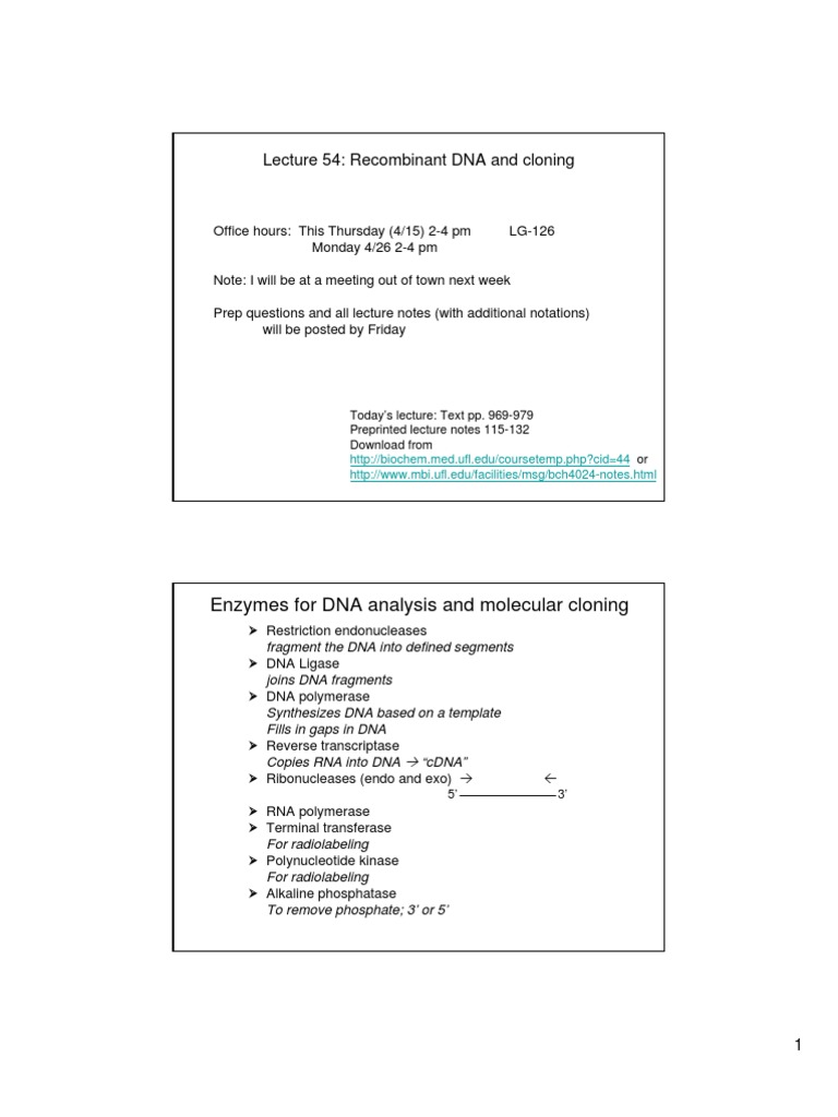 Lecture 54: Recombinant DNA and Cloning | PDF