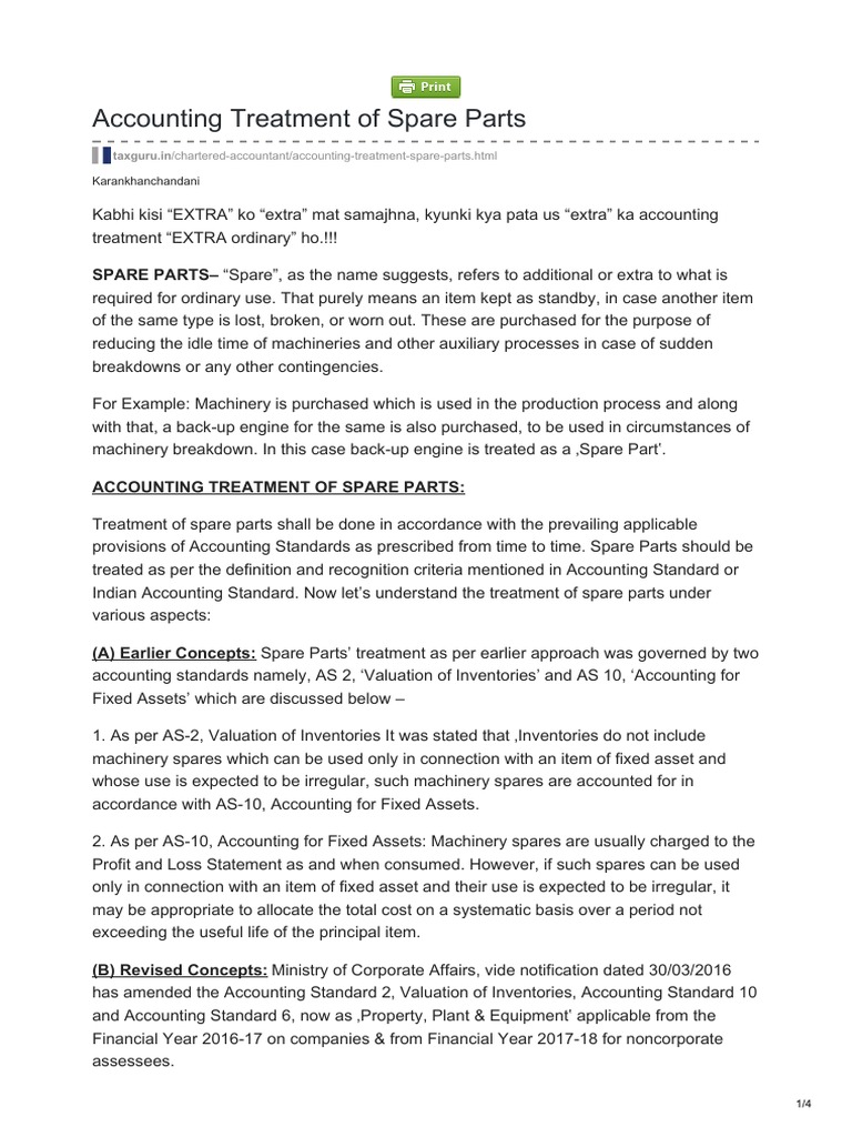 Accounting Treatment of Spare Parts PDF Depreciation Inventory