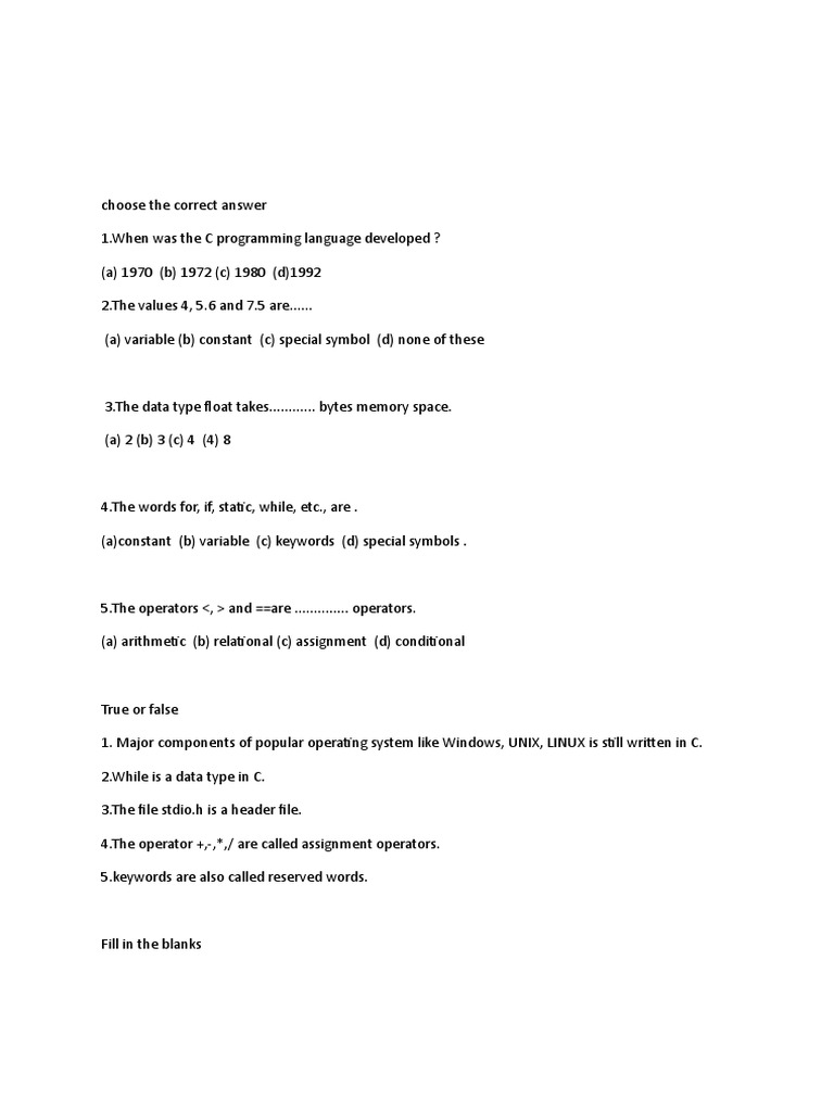 8th Grade C Programming Quiz | PDF
