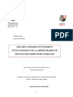 Mémoire Droit Pénal Des Entités - Mécanismes D'évitement D'engagement de La Responsabilité Pénale Des Personnes Morales