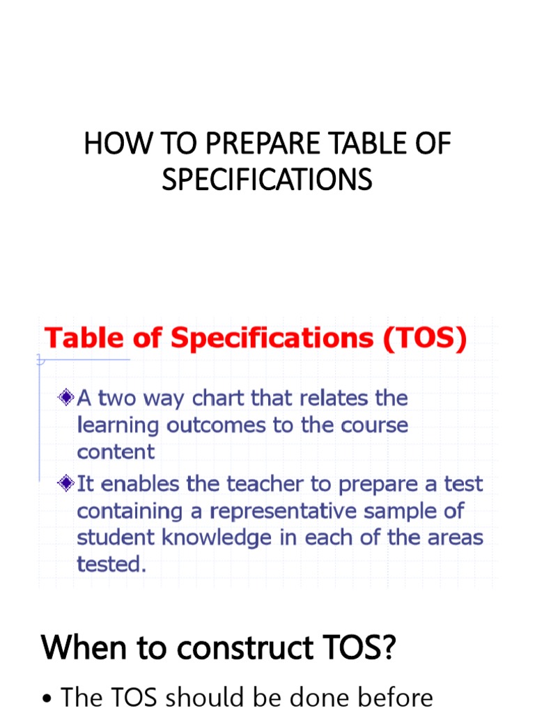 Preparing a Table of Specifications | PDF