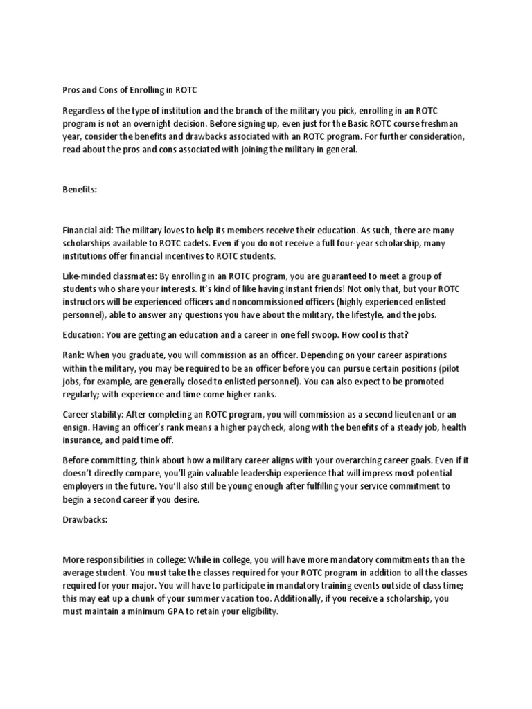 ROTC: Pros and Cons Overview | PDF | Reserve Officers' Training Corps ...