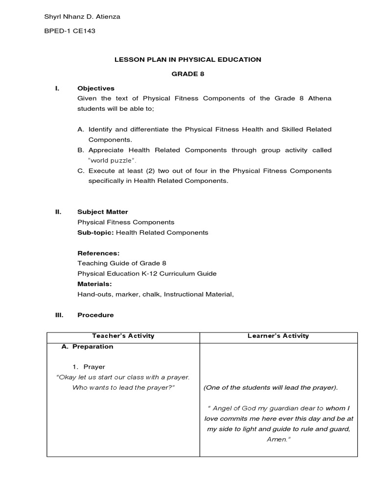 Grade 8 Physical Education Lesson Plan | PDF | Physical Fitness ...