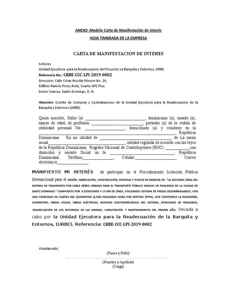 Modelo Carta De Manifestacion De Interes Republica Dominicana Transporte