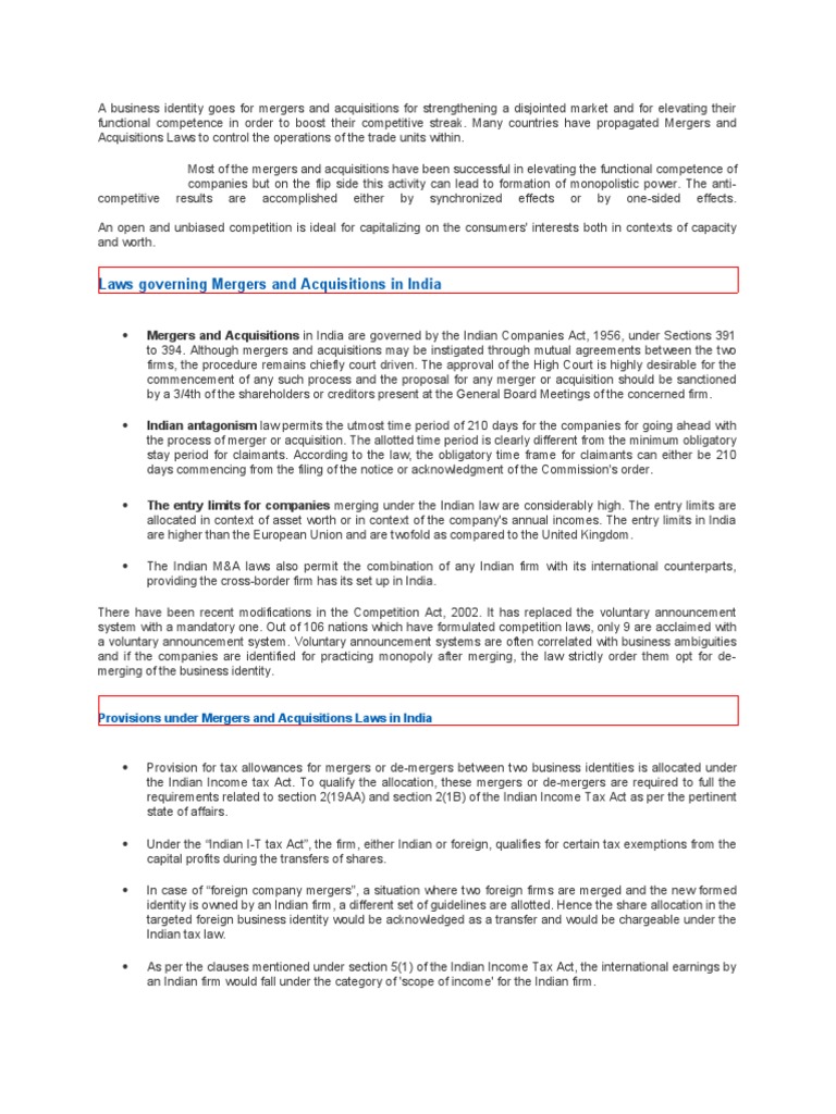 Provisions Under Mergers and Acquisitions Laws in India | PDF | Mergers ...