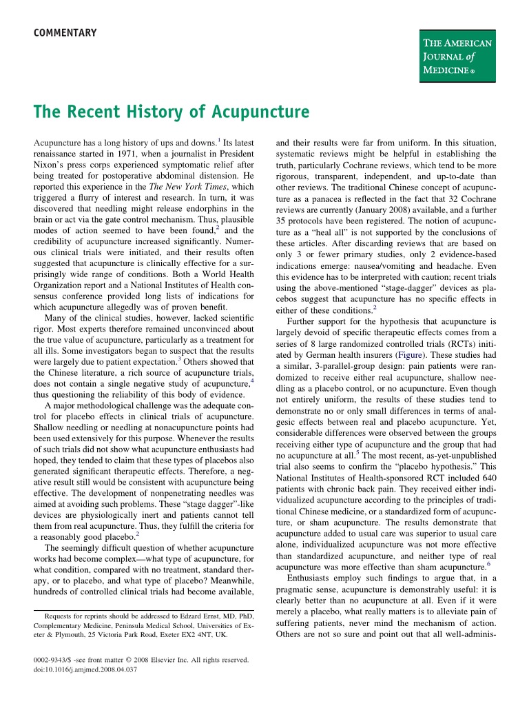 The Recent History of Acupuncture PDF Acupuncture Placebo