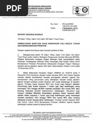 Surat Edaran Pembayaran Bantuan Khas Kewangan Kali Kedua Tahun 2019 Berdasarkan Prestasi Pdf