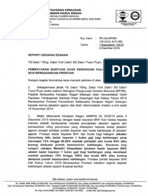 Surat Edaran Pembayaran Bantuan Khas Kewangan Kali Kedua Tahun 2019 Berdasarkan Prestasi Pdf