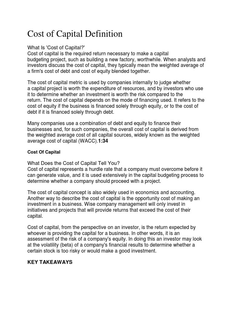 Cost of Capital Definition PDF Cost Of Capital Capital Asset Pricing Model