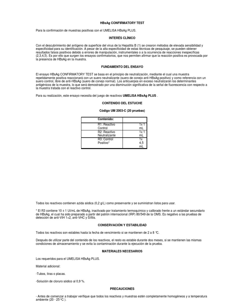 Bio Cie Umelisa Hbsag Confirmatory Test Descr PDF Inmunología