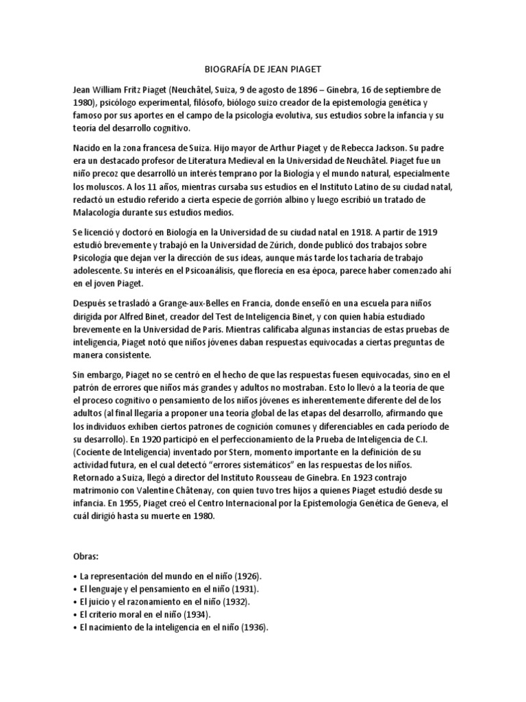Biografía de Jean Piaget | PDF | Epistemología | Conceptos psicologicos