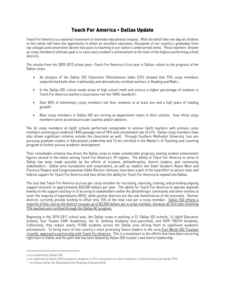 Teach For America Dallas Update PDF Teach For America Teachers