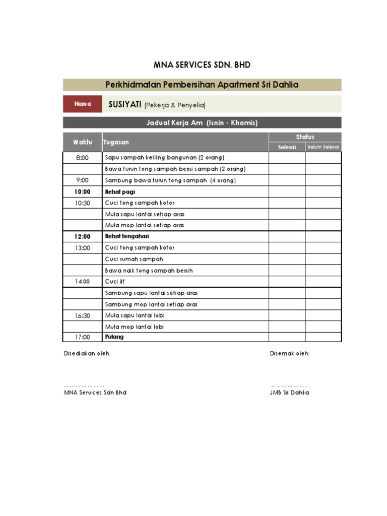 Jadual Kerja Pembersihan Jmb Sri Dahlia 2019 Pdf