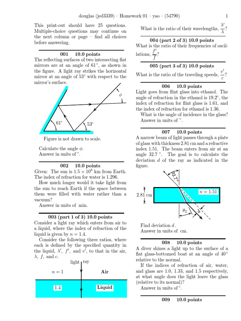 Homework 01-Problems PDF | PDF | Refraction | Refractive Index