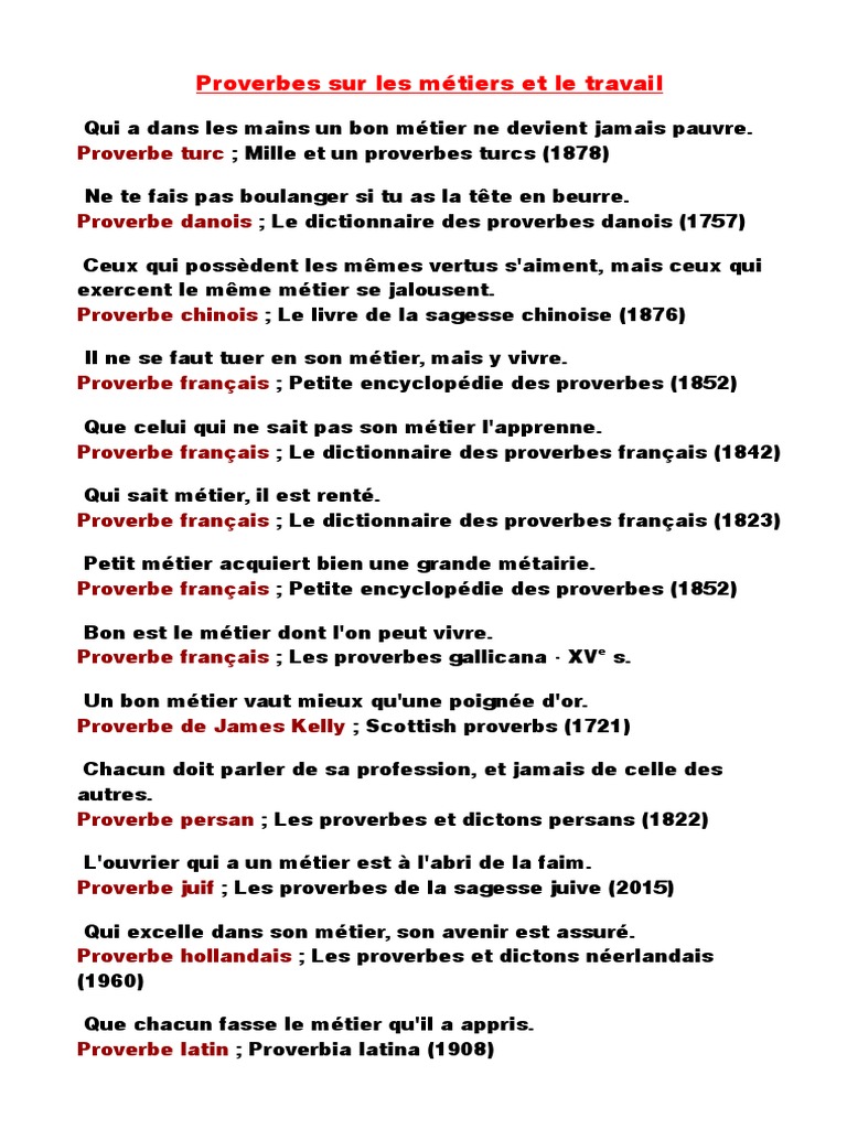 Proverbes Sur Les Metiers Et Le Travail Doc Langues