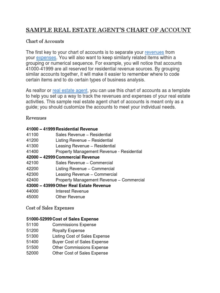 Sample Real Estate Agent Chart of Account | PDF | Property Management |  Expense