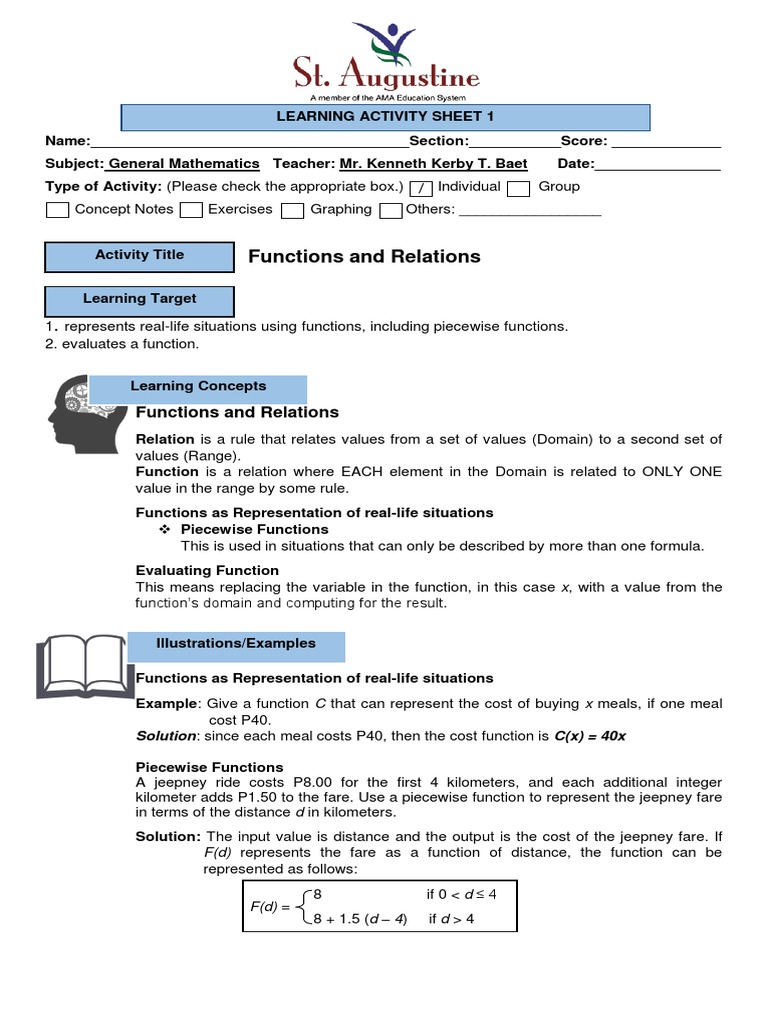Learning Activity Sheet | PDF | Domain Of A Function | Function ...