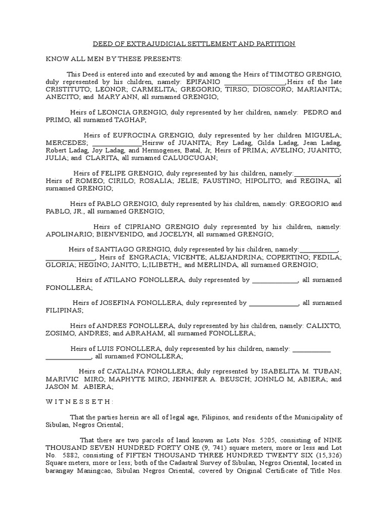 Deed of Extrajudicial Settlement and Partition - Bantogoy | PDF ...