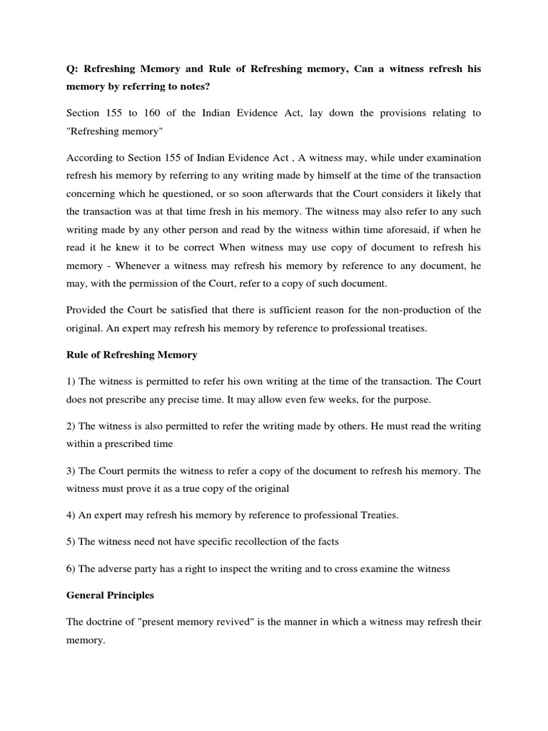 Refreshing Memory Under Indian Evidence Act | PDF | Witness | Testimony