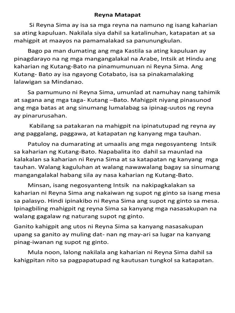 Reyna Matapat Buod | PDF