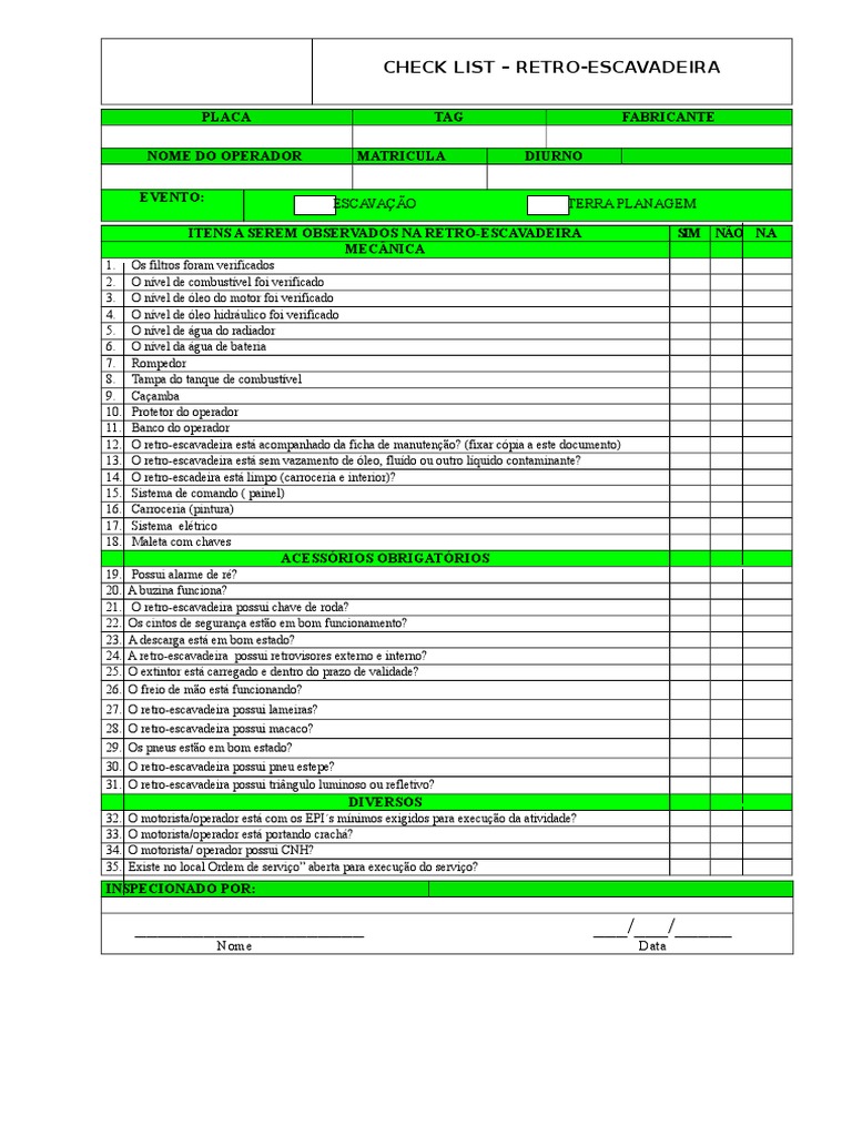 Retro Escavadeira Check List | PDF
