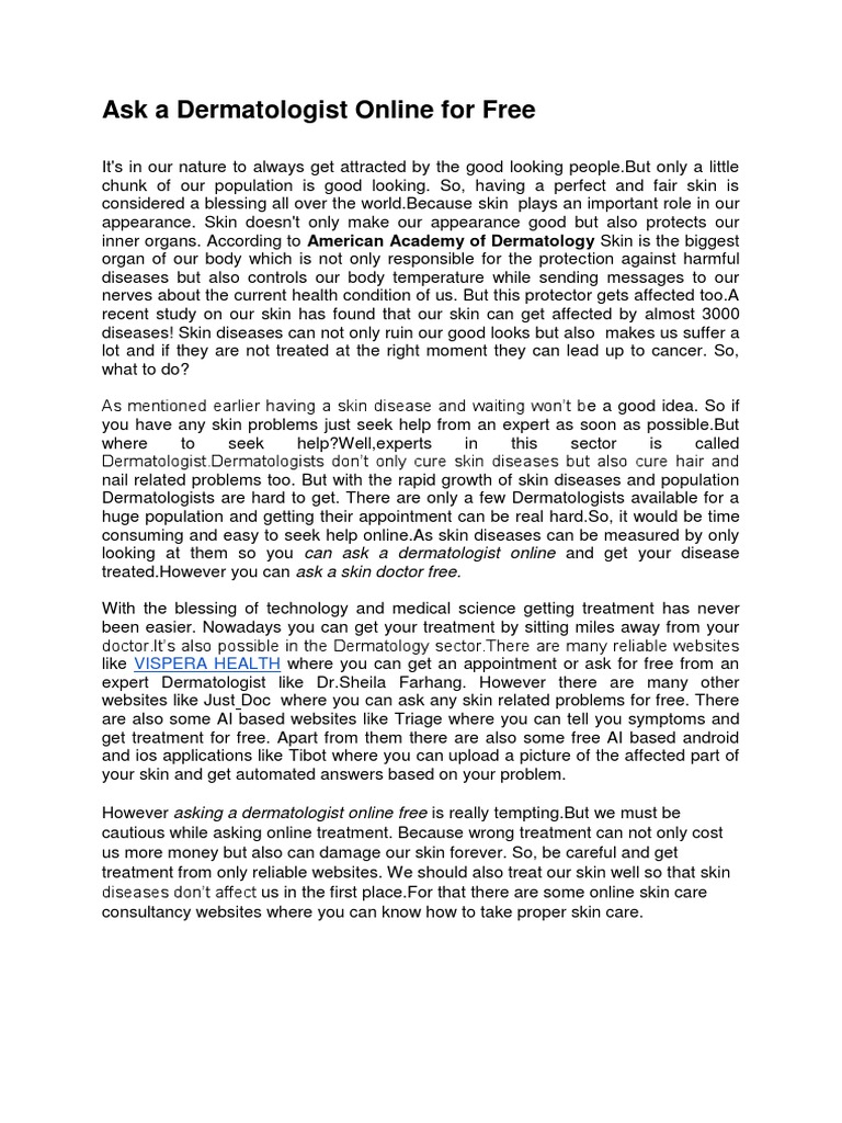 Ask A Dermatologist Online For Free | PDF | Dermatology | Health Sciences
