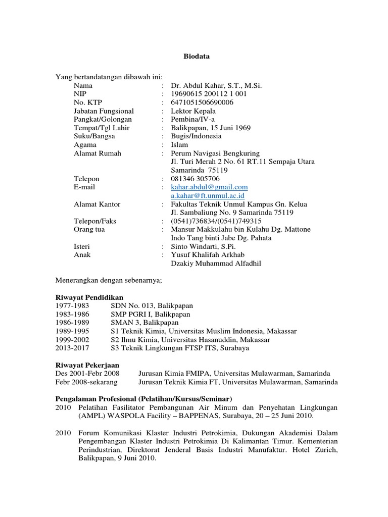 Biodata Dr. A. Kahar, S.T., M.Si | PDF | Sains & Matematika