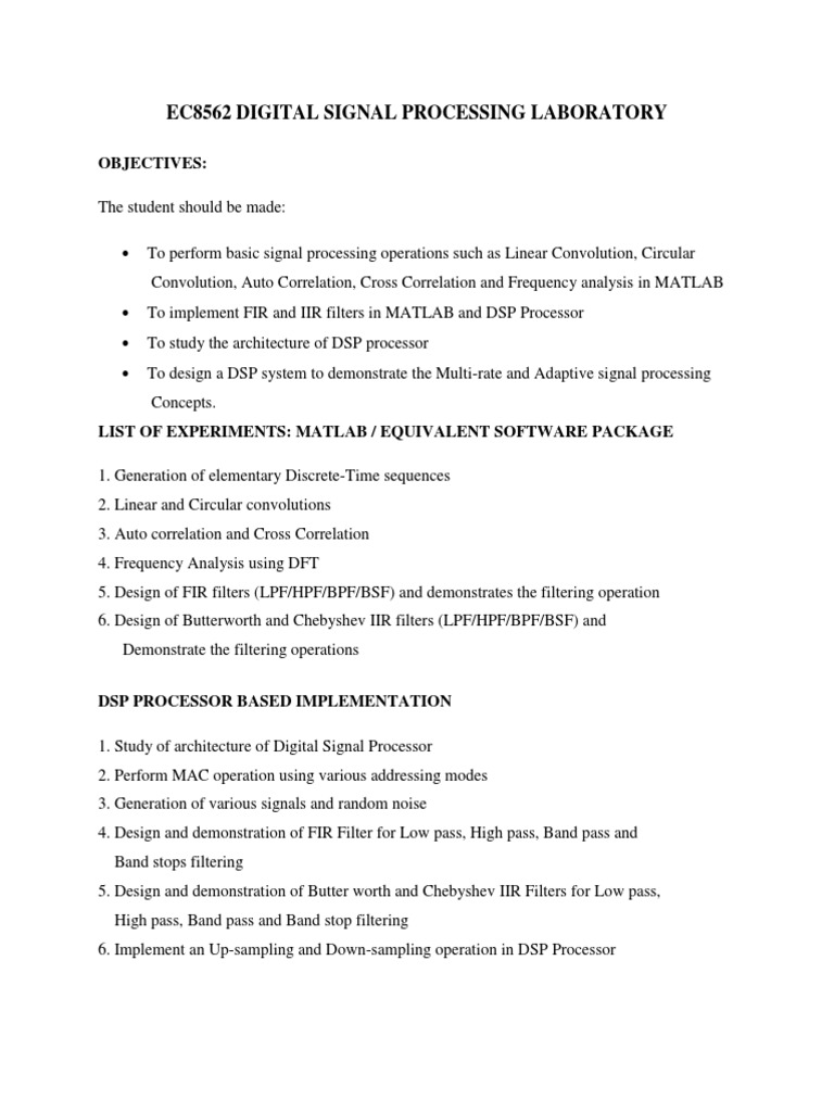 EC8562 DIGITAL SIGNAL PROCESSING LAB Syllabus PDF