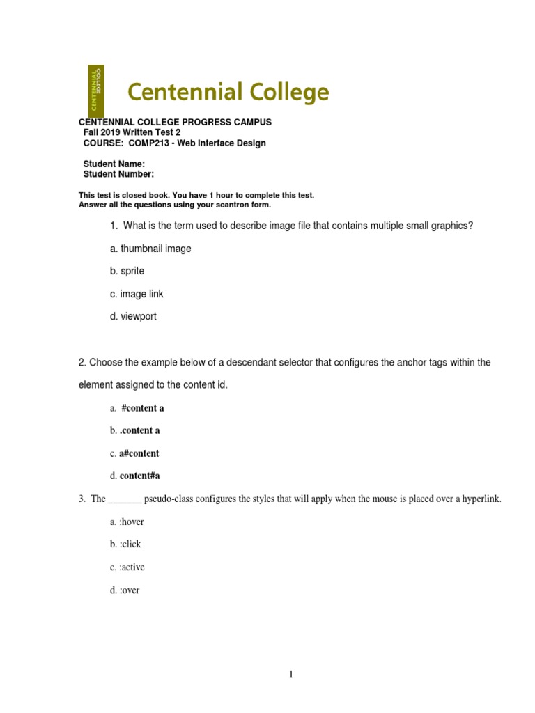 Comp213writtentest2f19 Part A B Cascading Style Sheets Hyperlink