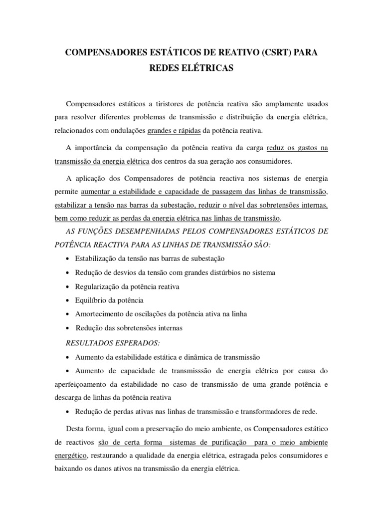 Compensadores Estáticos de Reativo (CSRT) | PDF | Transmissão de ...