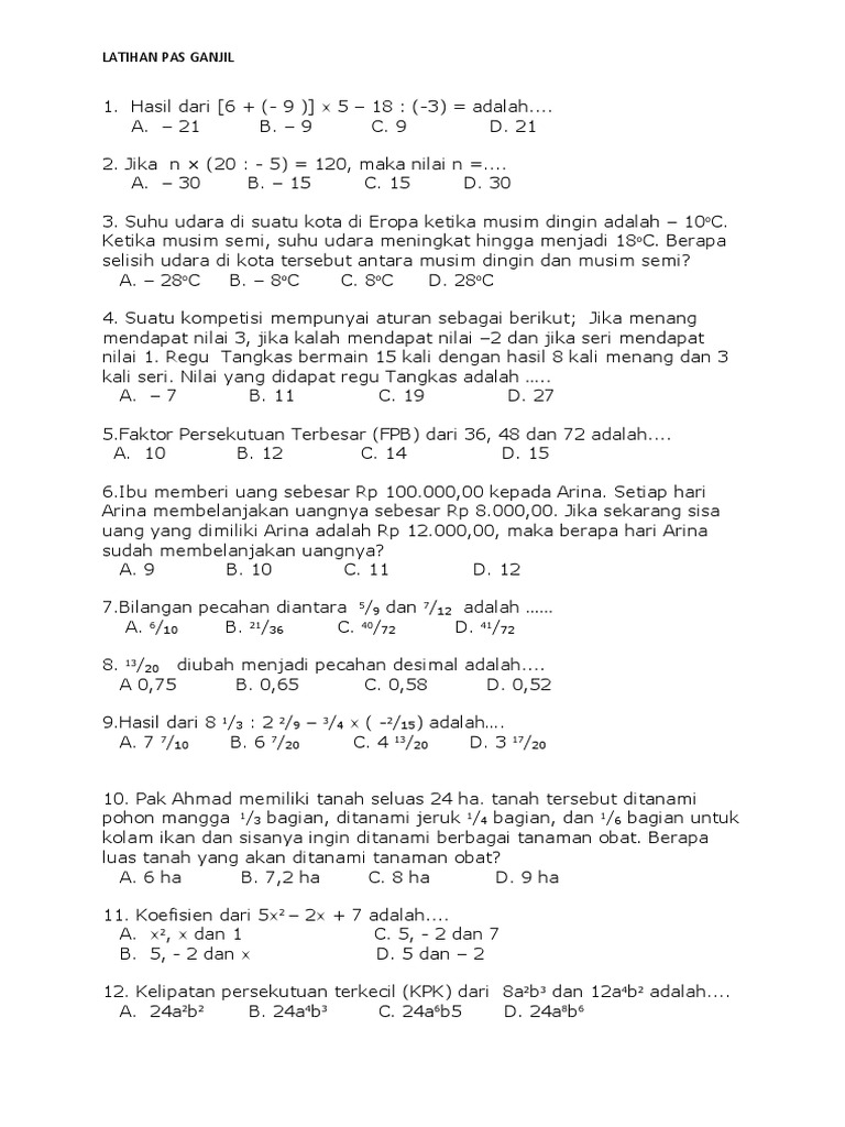 Pas Math Kelas 7 Ganjil Docx