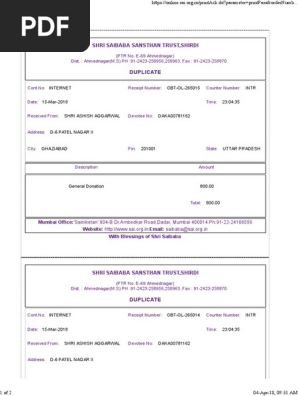 Shirdi - Donation Receipt